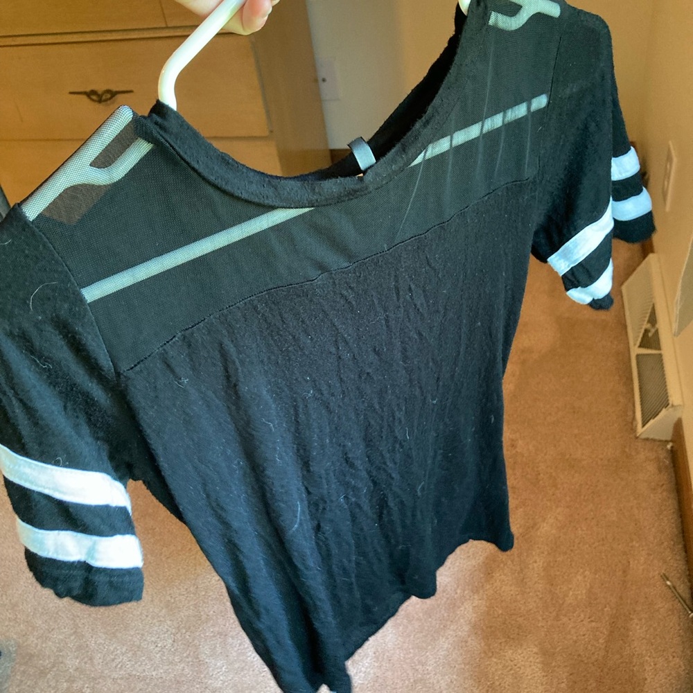 Black mesh sporty top white stripes